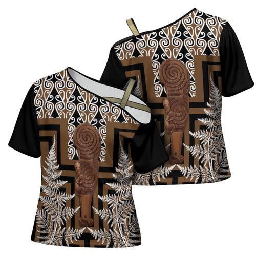 Wahaika New Zealand Cross Shoulder Shirt Maori Weapon Kowhaiwhai Fern Poutama Motifs