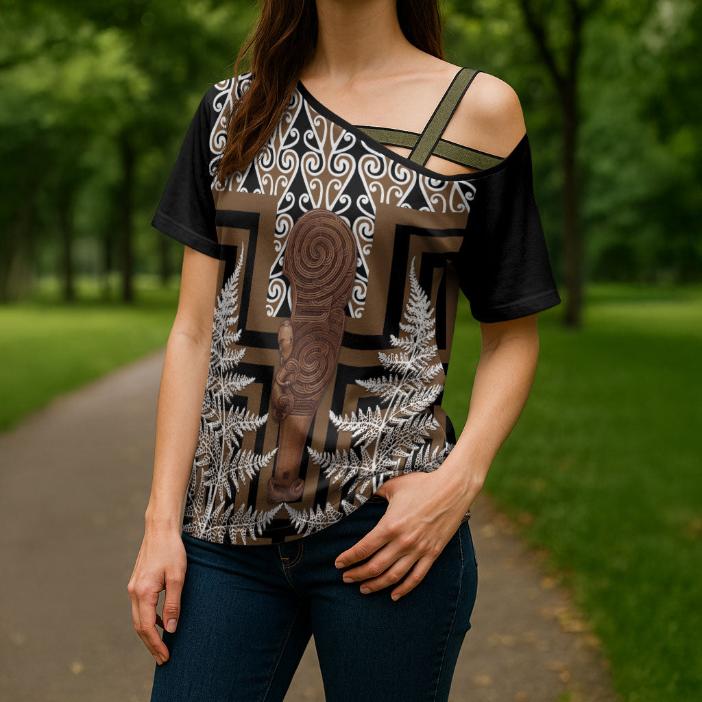 Wahaika New Zealand Cross Shoulder Shirt Maori Weapon Kowhaiwhai Fern Poutama Motifs