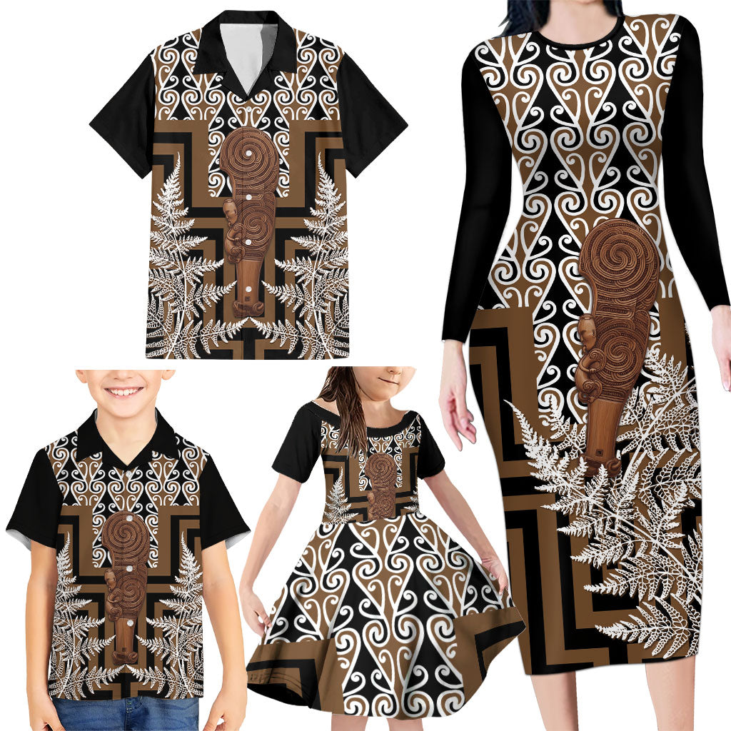 Wahaika New Zealand Family Matching Long Sleeve Bodycon Dress and Hawaiian Shirt Maori Weapon Kowhaiwhai Fern Poutama Motifs