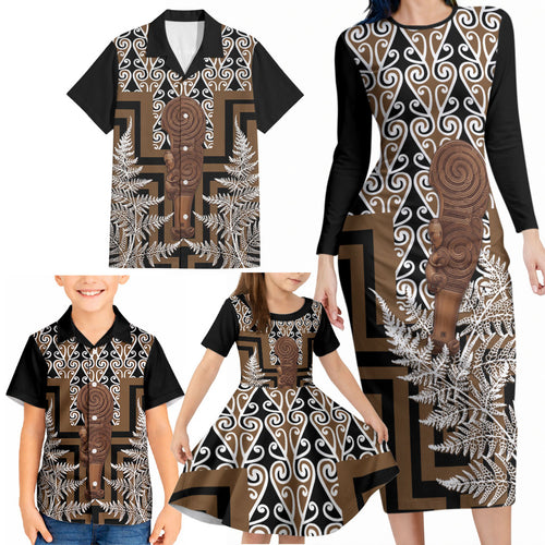 Wahaika New Zealand Family Matching Long Sleeve Bodycon Dress and Hawaiian Shirt Maori Weapon Kowhaiwhai Fern Poutama Motifs