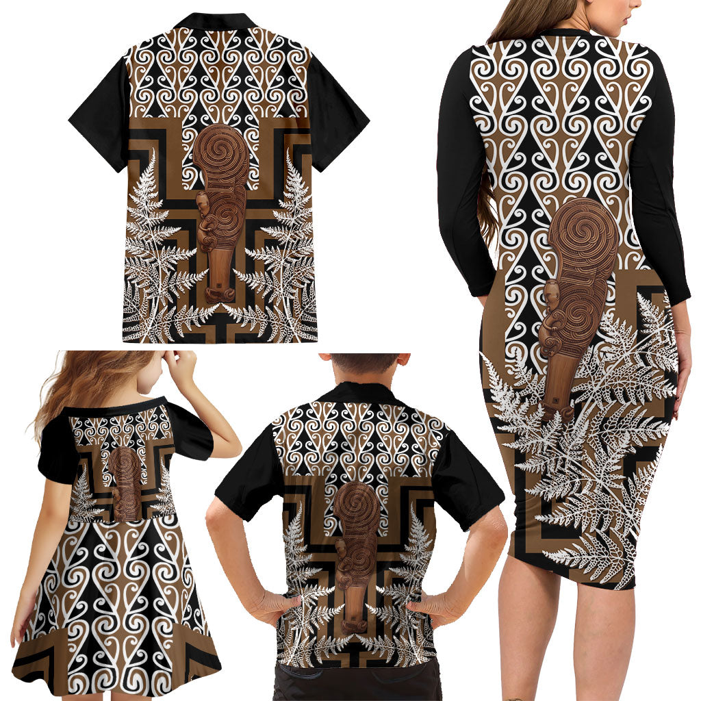 Wahaika New Zealand Family Matching Long Sleeve Bodycon Dress and Hawaiian Shirt Maori Weapon Kowhaiwhai Fern Poutama Motifs