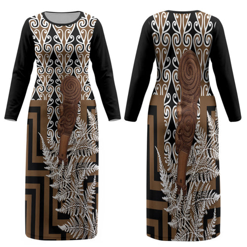 Wahaika New Zealand Family Matching Long Sleeve Bodycon Dress and Hawaiian Shirt Maori Weapon Kowhaiwhai Fern Poutama Motifs
