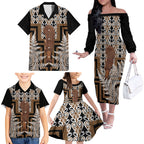 Wahaika New Zealand Family Matching Off The Shoulder Long Sleeve Dress and Hawaiian Shirt Maori Weapon Kowhaiwhai Fern Poutama Motifs