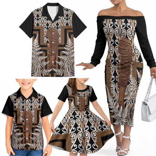 Wahaika New Zealand Family Matching Off The Shoulder Long Sleeve Dress and Hawaiian Shirt Maori Weapon Kowhaiwhai Fern Poutama Motifs