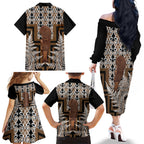 Wahaika New Zealand Family Matching Off The Shoulder Long Sleeve Dress and Hawaiian Shirt Maori Weapon Kowhaiwhai Fern Poutama Motifs