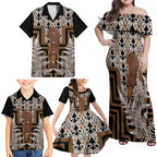 Wahaika New Zealand Family Matching Off Shoulder Maxi Dress and Hawaiian Shirt Maori Weapon Kowhaiwhai Fern Poutama Motifs