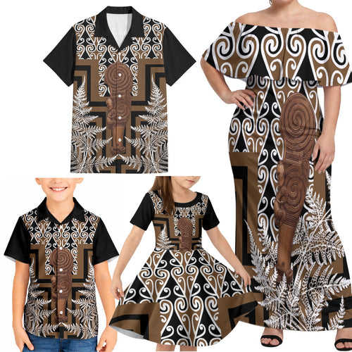 Wahaika New Zealand Family Matching Off Shoulder Maxi Dress and Hawaiian Shirt Maori Weapon Kowhaiwhai Fern Poutama Motifs