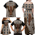 Wahaika New Zealand Family Matching Off Shoulder Maxi Dress and Hawaiian Shirt Maori Weapon Kowhaiwhai Fern Poutama Motifs