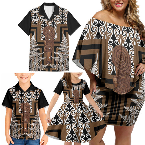 Wahaika New Zealand Family Matching Off Shoulder Short Dress and Hawaiian Shirt Maori Weapon Kowhaiwhai Fern Poutama Motifs