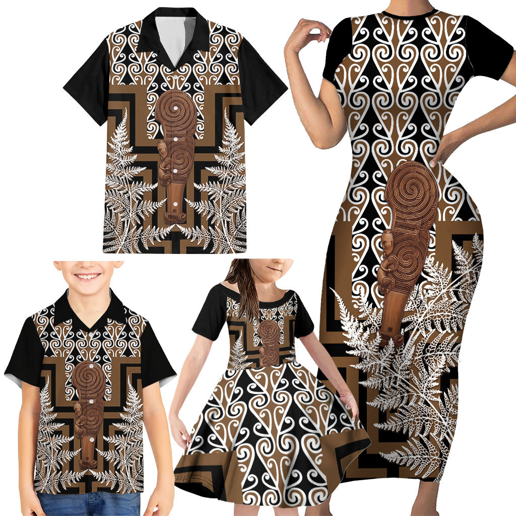 Wahaika New Zealand Family Matching Short Sleeve Bodycon Dress and Hawaiian Shirt Maori Weapon Kowhaiwhai Fern Poutama Motifs