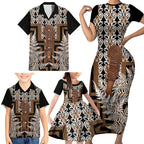 Wahaika New Zealand Family Matching Short Sleeve Bodycon Dress and Hawaiian Shirt Maori Weapon Kowhaiwhai Fern Poutama Motifs