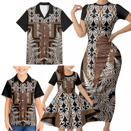 Wahaika New Zealand Family Matching Short Sleeve Bodycon Dress and Hawaiian Shirt Maori Weapon Kowhaiwhai Fern Poutama Motifs