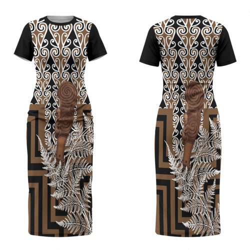 Wahaika New Zealand Family Matching Short Sleeve Bodycon Dress and Hawaiian Shirt Maori Weapon Kowhaiwhai Fern Poutama Motifs