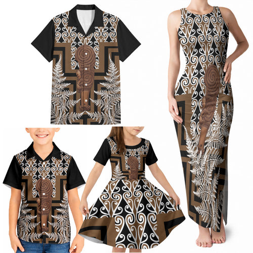 Wahaika New Zealand Family Matching Tank Maxi Dress and Hawaiian Shirt Maori Weapon Kowhaiwhai Fern Poutama Motifs