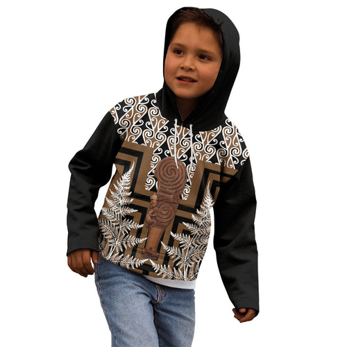 Wahaika New Zealand Kid Hoodie Maori Weapon Kowhaiwhai Fern Poutama Motifs