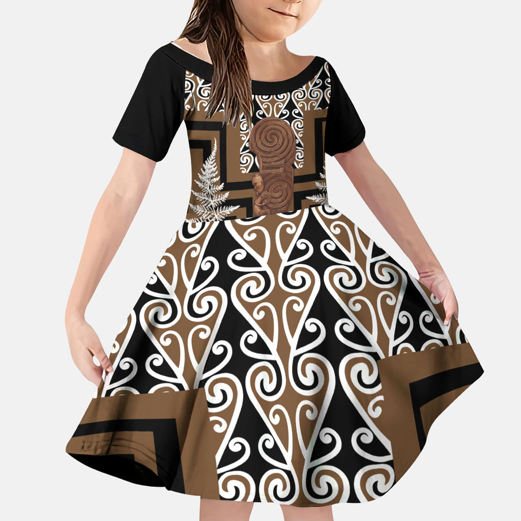 Wahaika New Zealand Kid Short Sleeve Dress Maori Weapon Kowhaiwhai Fern Poutama Motifs