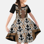 Wahaika New Zealand Kid Short Sleeve Dress Maori Weapon Kowhaiwhai Fern Poutama Motifs