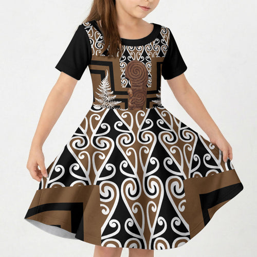 Wahaika New Zealand Kid Short Sleeve Dress Maori Weapon Kowhaiwhai Fern Poutama Motifs