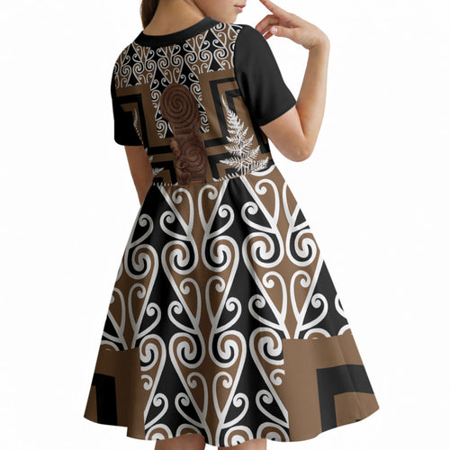 Wahaika New Zealand Kid Short Sleeve Dress Maori Weapon Kowhaiwhai Fern Poutama Motifs