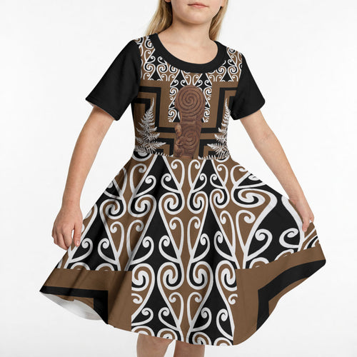 Wahaika New Zealand Kid Short Sleeve Dress Maori Weapon Kowhaiwhai Fern Poutama Motifs