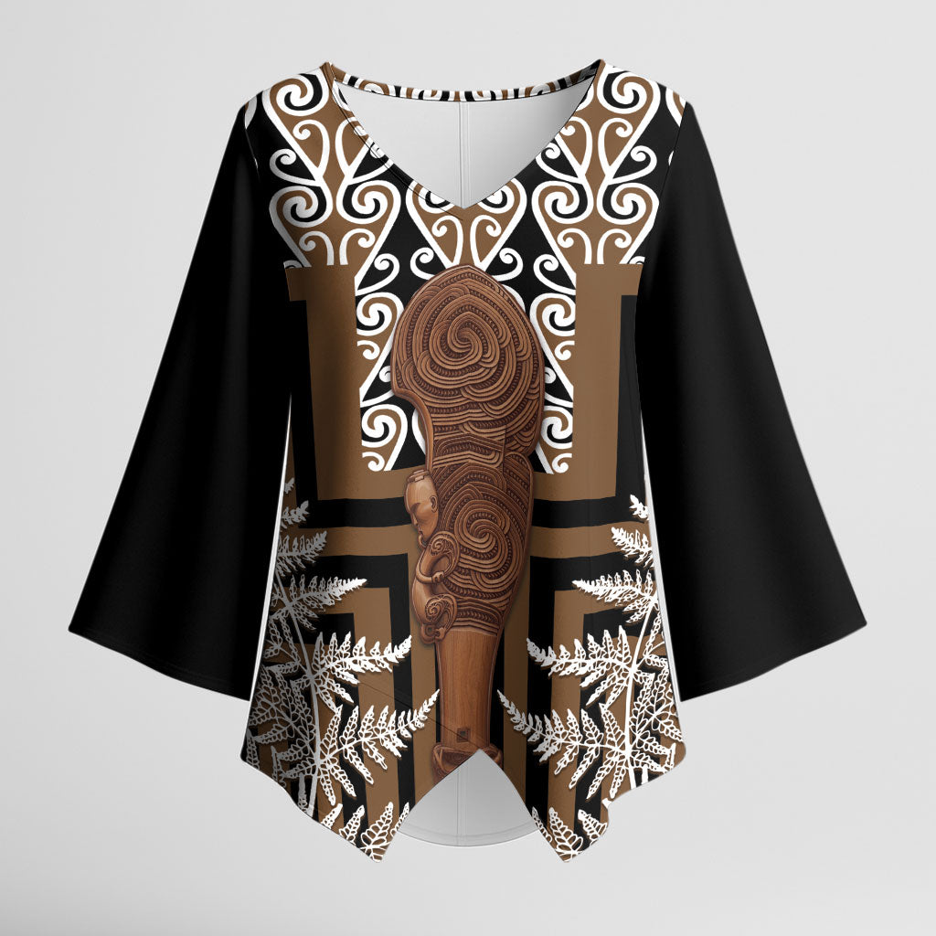 Wahaika New Zealand Kimono Sleeve Blouse Maori Weapon Kowhaiwhai Fern Poutama Motifs