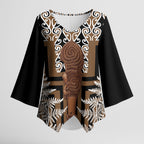 Wahaika New Zealand Kimono Sleeve Blouse Maori Weapon Kowhaiwhai Fern Poutama Motifs