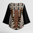 Wahaika New Zealand Kimono Sleeve Blouse Maori Weapon Kowhaiwhai Fern Poutama Motifs