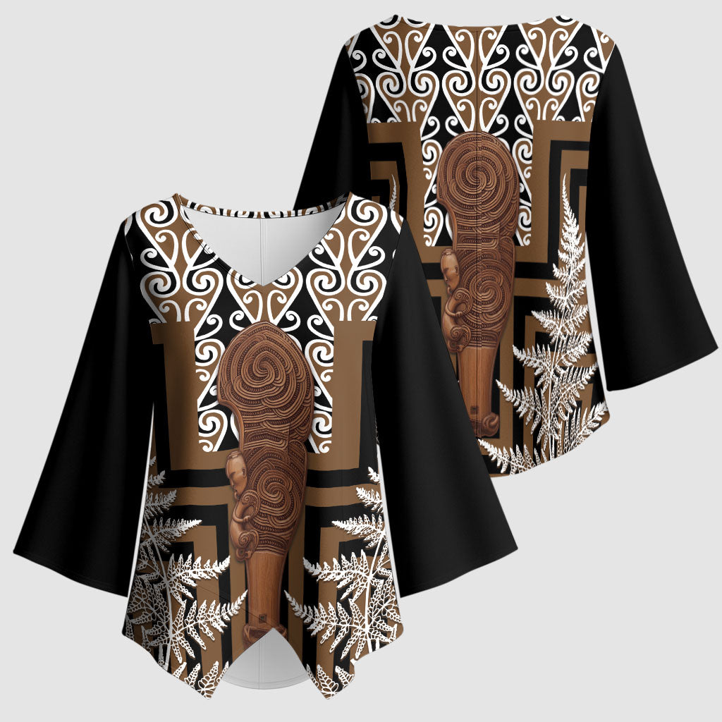 Wahaika New Zealand Kimono Sleeve Blouse Maori Weapon Kowhaiwhai Fern Poutama Motifs