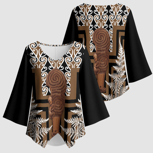 Wahaika New Zealand Kimono Sleeve Blouse Maori Weapon Kowhaiwhai Fern Poutama Motifs
