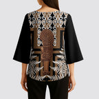 Wahaika New Zealand Kimono Sleeve Blouse Maori Weapon Kowhaiwhai Fern Poutama Motifs