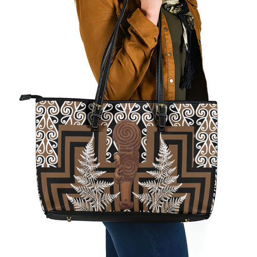 Wahaika New Zealand Leather Tote Bag Maori Weapon Kowhaiwhai Fern Poutama Motifs