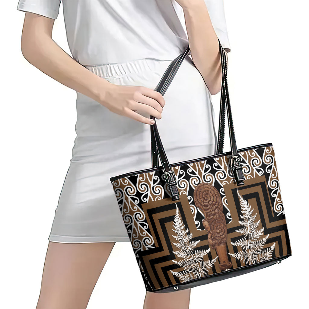 Wahaika New Zealand Leather Tote Bag Maori Weapon Kowhaiwhai Fern Poutama Motifs