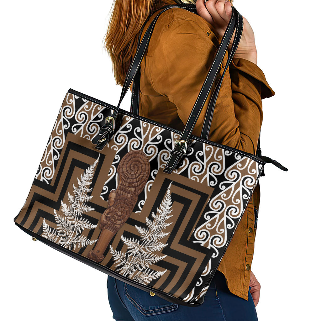 Wahaika New Zealand Leather Tote Bag Maori Weapon Kowhaiwhai Fern Poutama Motifs