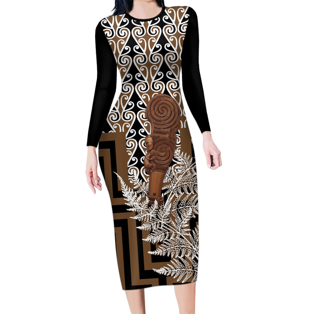 Wahaika New Zealand Long Sleeve Bodycon Dress Maori Weapon Kowhaiwhai Fern Poutama Motifs