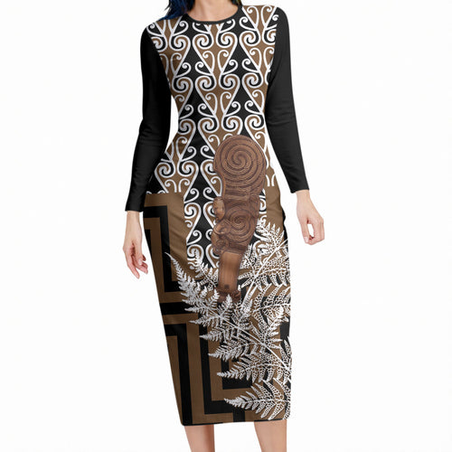 Wahaika New Zealand Long Sleeve Bodycon Dress Maori Weapon Kowhaiwhai Fern Poutama Motifs