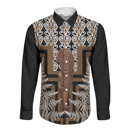 Wahaika New Zealand Long Sleeve Button Shirt Maori Weapon Kowhaiwhai Fern Poutama Motifs