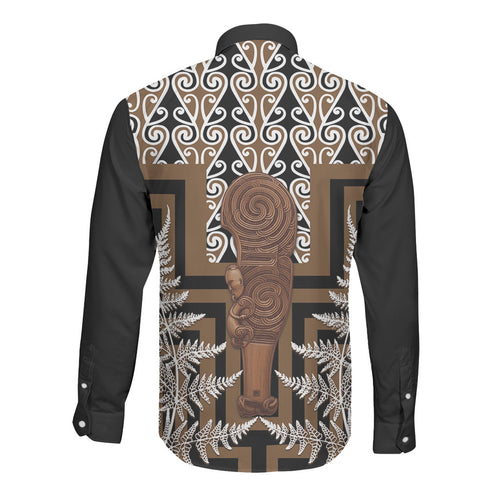 Wahaika New Zealand Long Sleeve Button Shirt Maori Weapon Kowhaiwhai Fern Poutama Motifs
