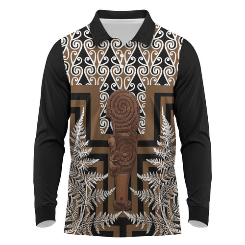 Wahaika New Zealand Long Sleeve Polo Shirt Maori Weapon Kowhaiwhai Fern Poutama Motifs