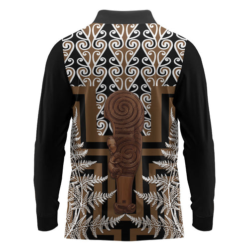 Wahaika New Zealand Long Sleeve Polo Shirt Maori Weapon Kowhaiwhai Fern Poutama Motifs