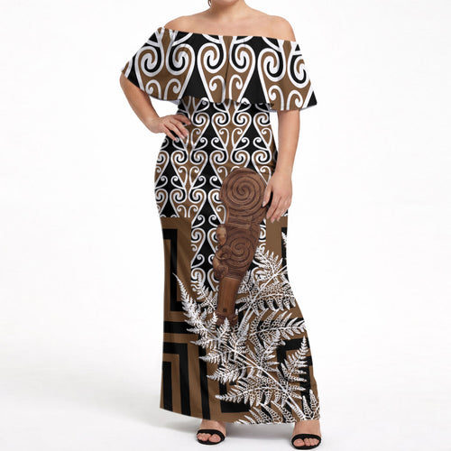 Wahaika New Zealand Off Shoulder Maxi Dress Maori Weapon Kowhaiwhai Fern Poutama Motifs