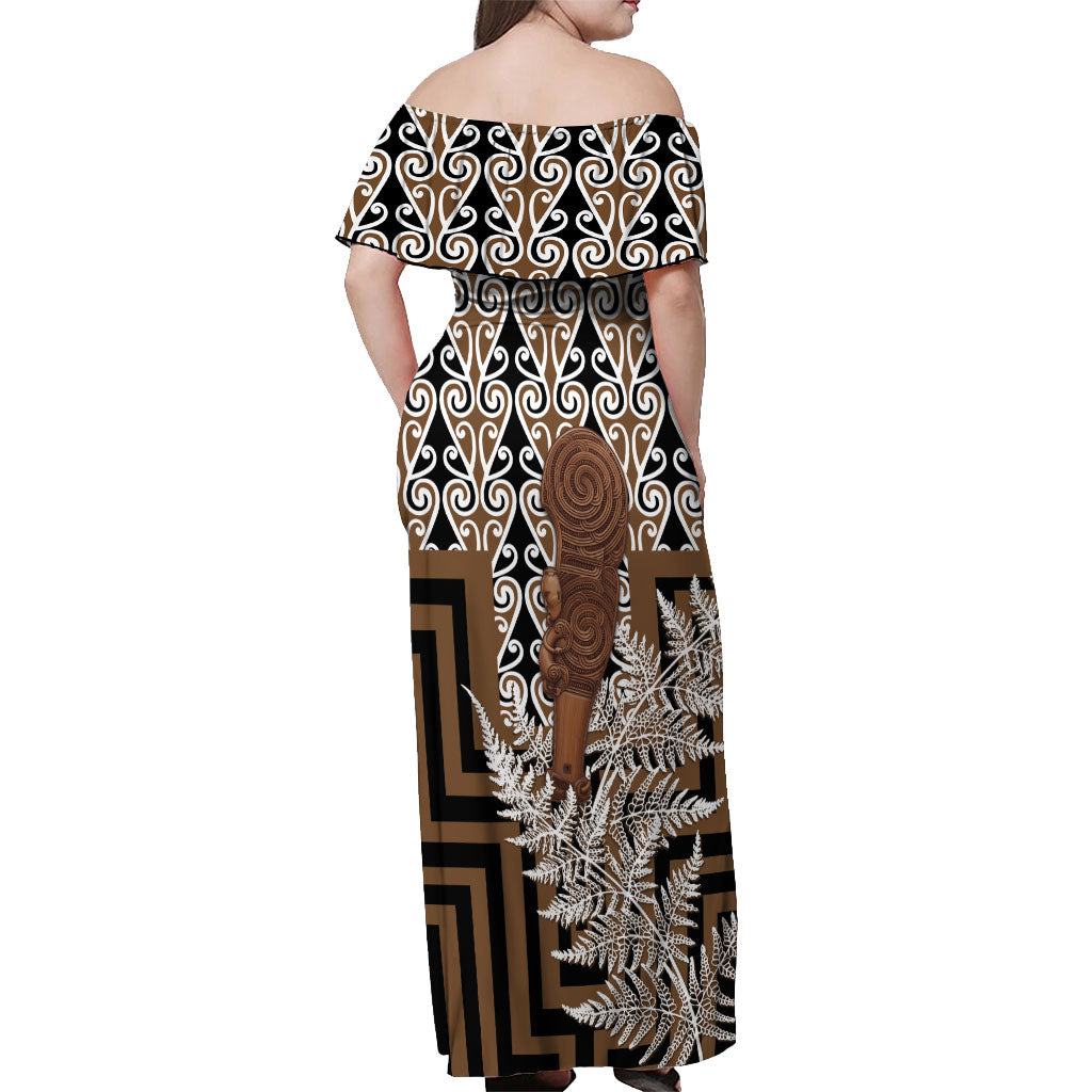 Wahaika New Zealand Off Shoulder Maxi Dress Maori Weapon Kowhaiwhai Fern Poutama Motifs
