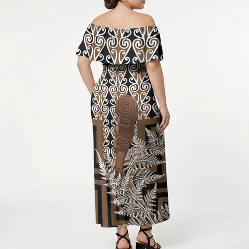 Wahaika New Zealand Off Shoulder Maxi Dress Maori Weapon Kowhaiwhai Fern Poutama Motifs