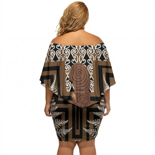 Wahaika New Zealand Off Shoulder Short Dress Maori Weapon Kowhaiwhai Fern Poutama Motifs
