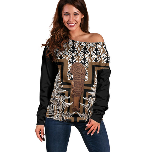 Wahaika New Zealand Off Shoulder Sweater Maori Weapon Kowhaiwhai Fern Poutama Motifs