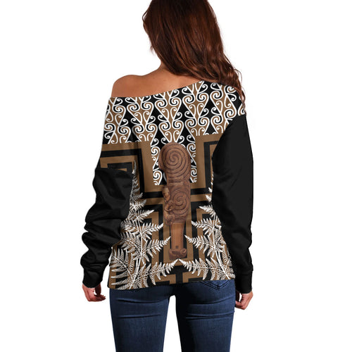 Wahaika New Zealand Off Shoulder Sweater Maori Weapon Kowhaiwhai Fern Poutama Motifs