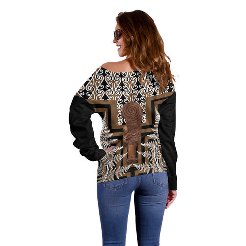 Wahaika New Zealand Off Shoulder Sweater Maori Weapon Kowhaiwhai Fern Poutama Motifs