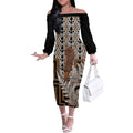 Wahaika New Zealand Off The Shoulder Long Sleeve Dress Maori Weapon Kowhaiwhai Fern Poutama Motifs