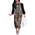 Wahaika New Zealand Off The Shoulder Long Sleeve Dress Maori Weapon Kowhaiwhai Fern Poutama Motifs