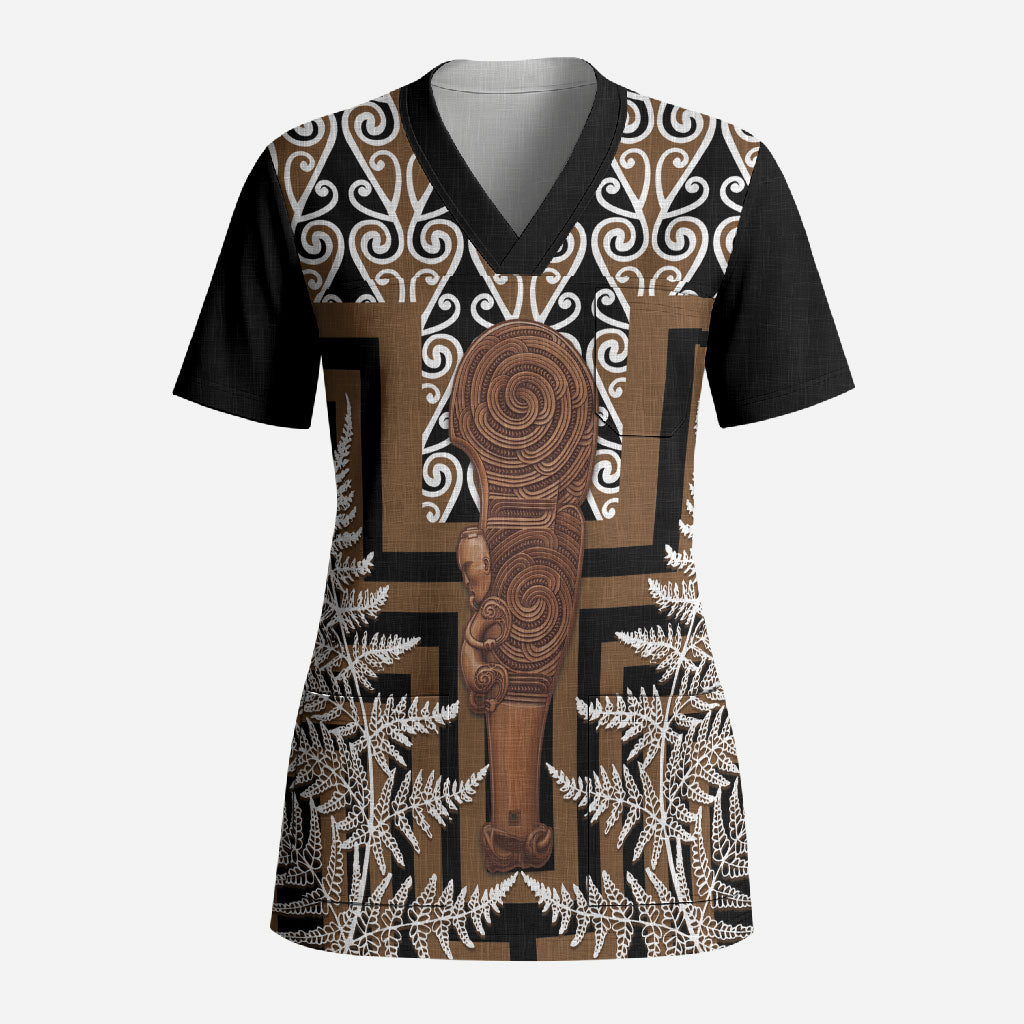 Wahaika New Zealand Scrub Top Maori Weapon Kowhaiwhai Fern Poutama Motifs