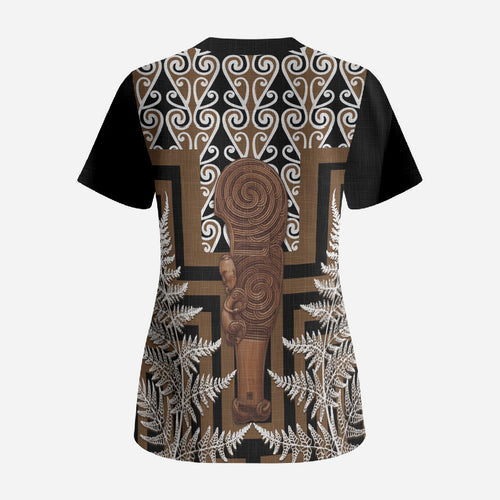 Wahaika New Zealand Scrub Top Maori Weapon Kowhaiwhai Fern Poutama Motifs